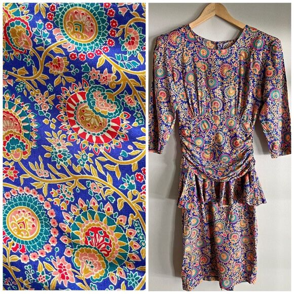 Vintage 70’s 80’s mandala boho floral eclectic unique peplum pencil dress career - Picture 1 of 13